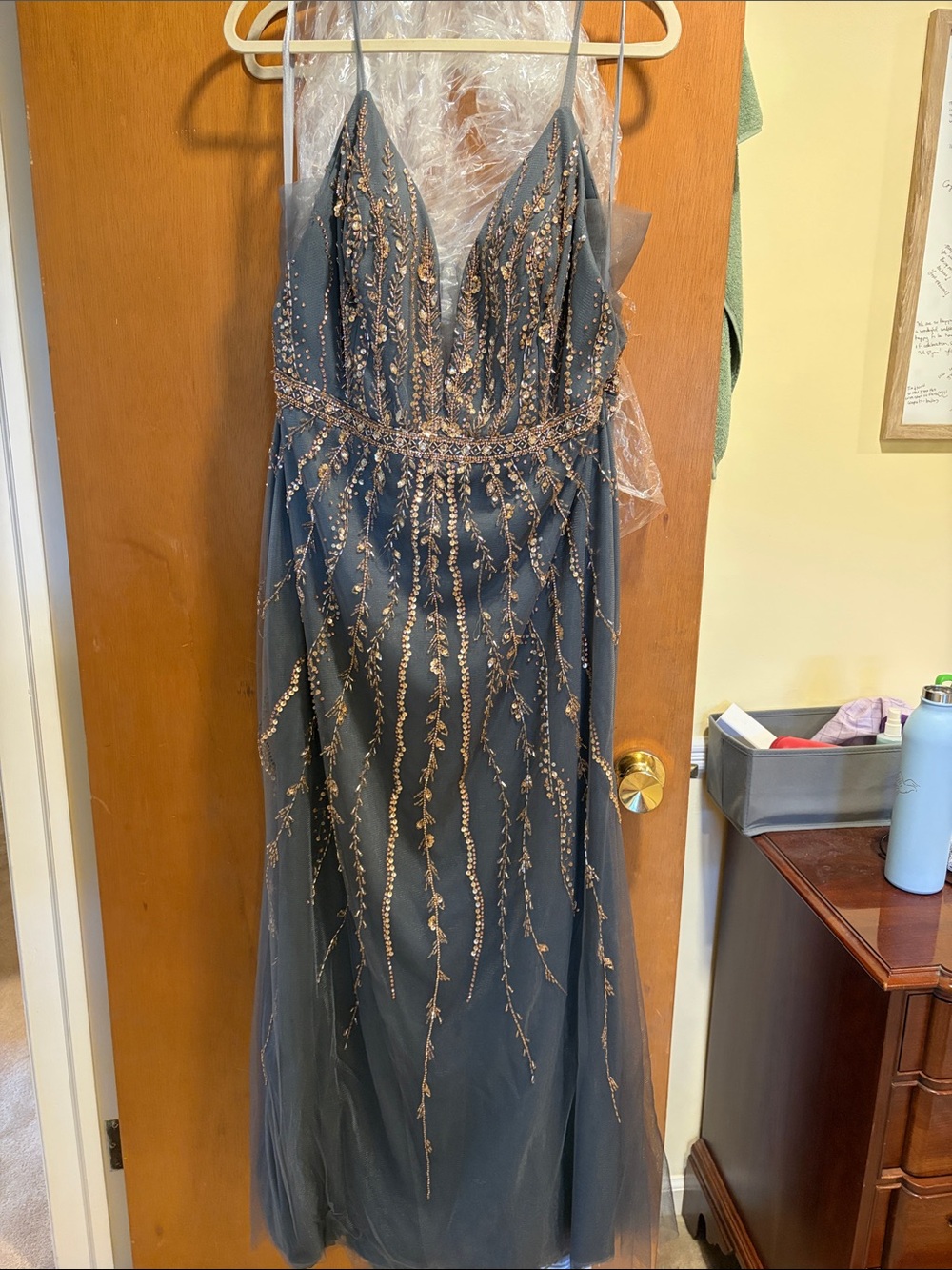 Embroidered Slate Blue Prom Dress with Gold Accents